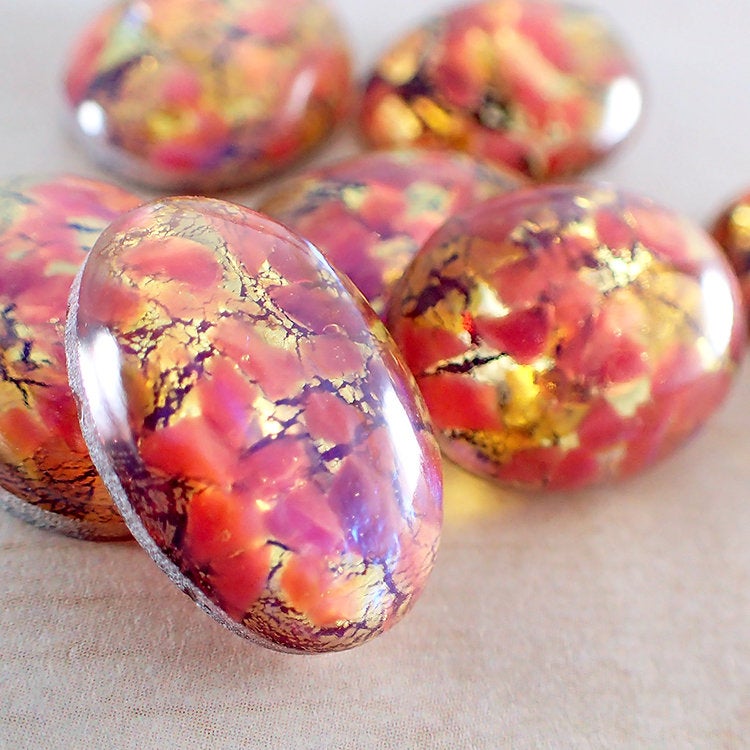 Colorful Czech Glass Faux Opal Oval Cabochons - Glass Opal Cabs - 18x13mm 18mm - Fuchsia, Red, PInk, and Yellow - Scrapbook Embellishments