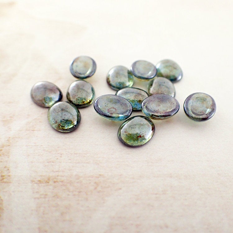 Czech Glass Cabochons - 10x8mm Oval Transparent Lumi Green Luster
