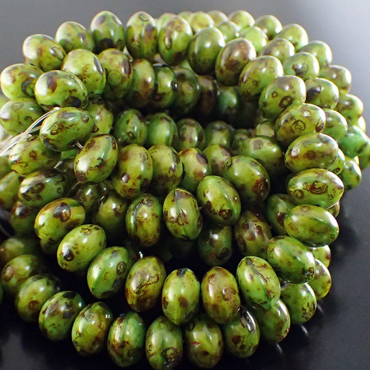 Green Silk with Full Picasso Artisan Czech Glass Rondelles - Light Grass Green Mix with Brown Speckled Picasso - 9x6mm 9mm - 25 Pieces