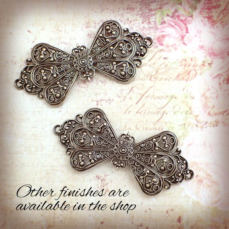 Lacy Victorian Bow Filigree - Antiqued Silver Ox Connectors - Intricate Detail Nickel Free - 1 Piece - High Quality Vintage European Brass