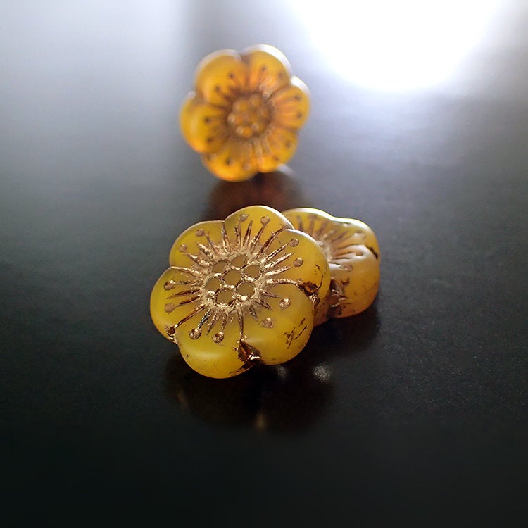 Matte Translucent Marigold Flower Beads with Bronze Wash - Artisan Czech Pressed Glass - Opaline Yellow Orange Flat Coins - 18mm - 2 Pieces