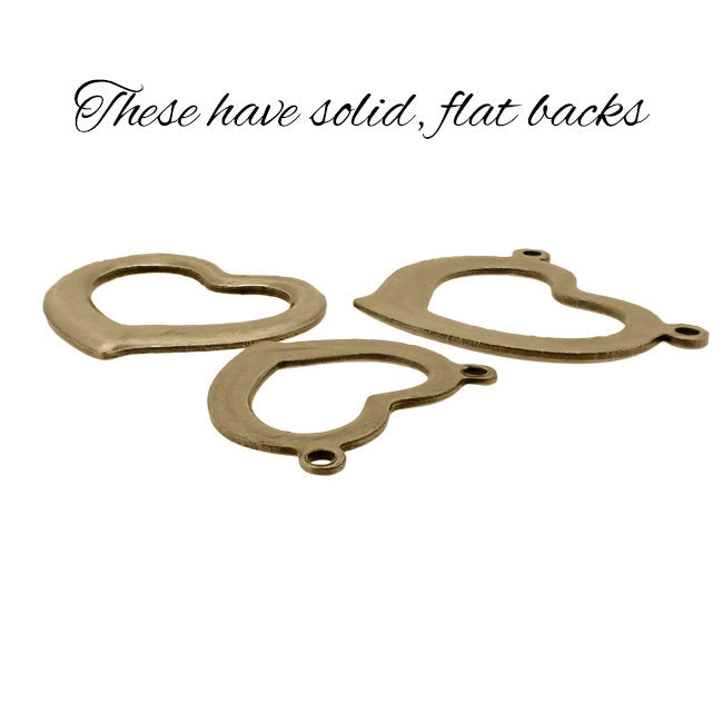 Assortment of Brass Heart Connectors - Solid Flat Back Nickel-Free USA Made Antiqued Brass - Stamping Mix with Loops