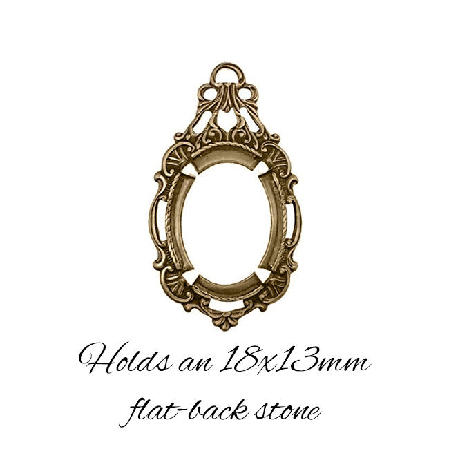 Pendant Setting for 18x13mm Flat Back Stones and Cabochons - Antiqued Brass Ox with Prongs - Nickel Free Made in the USA
