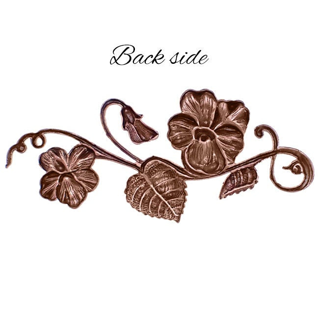 Large Floral Stamping - Antiqued Copper Ox - Art Nouveau Flourish with Flowers and Leaves Scrapbooking Metal Embellishment - 1 Piece