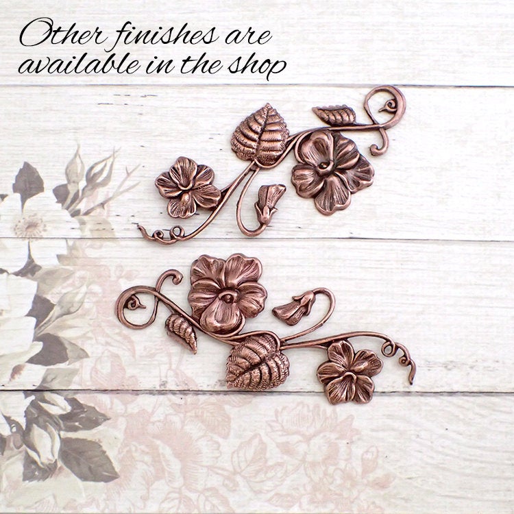 Large Floral Stamping - Antiqued Brass Ox - Art Nouveau Flourish with Flowers and Leaves Scrapbooking Metal Embellishment - 1 Piece