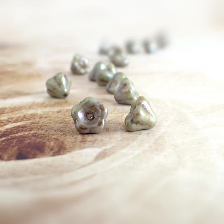 Czech Glass Bell Flower Beads - Chalk White Green Luster - 25 Pieces 8x6mm 8mm Flower Beads - Light Rustic Green