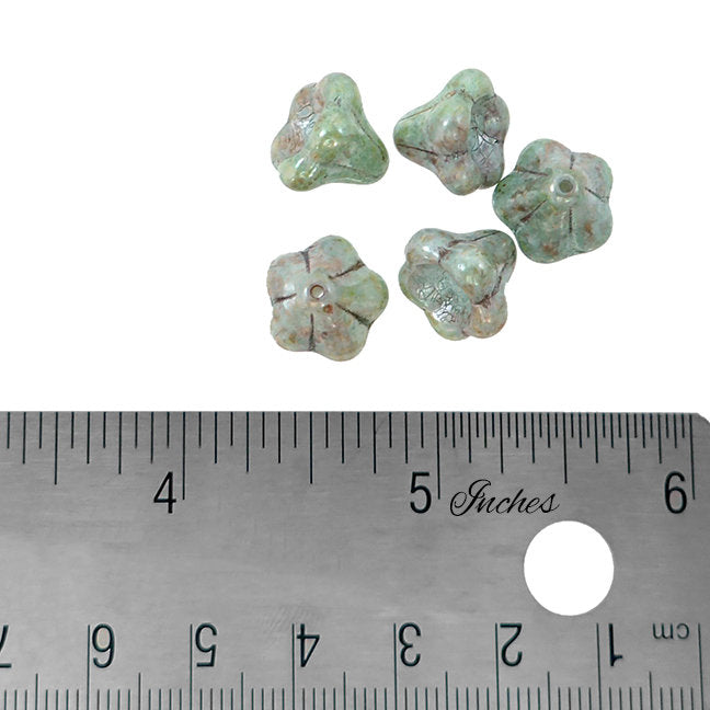 Large Czech Glass Bell Flower Beads - Chalk White Green Luster - 6 Pieces 13x11mm Flower Beads - Light Pastel Rustic Green
