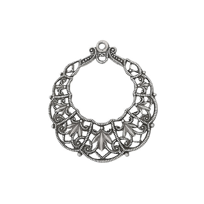 Filigree Hoops with Loop - Detailed Antiqued Silver Ox for Earrings - 2 Pieces - European Filigree Victorian French Renaissance Style