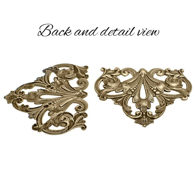 Large Flourish Stampings - Antiqued Brass Ox Bronze - Large Scrapbooking Corners Victorian Style - Nickel-Free Necklace Base Filigree