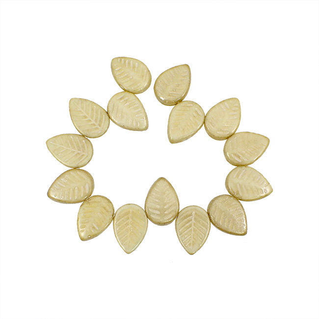 Opaque Ivory with Mercury Finish Leaf Beads - 6 Pieces - 16x12mm - Czech Glass Leaves - Side Drilled