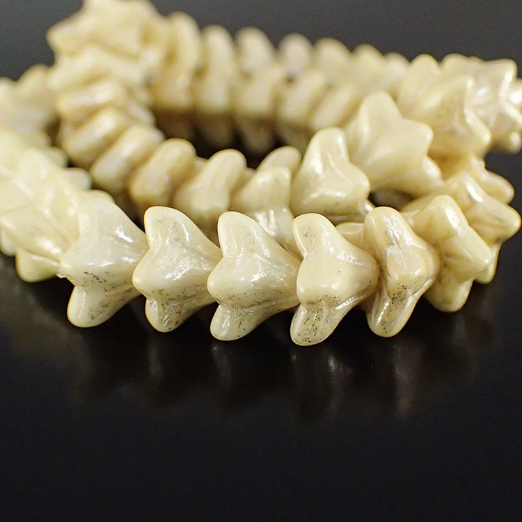 Opaque Ivory with Mercury Finish 5-Petal Flower Beads - 10 Pieces - 9x6mm - Czech Glass Star Trumpet Bell Flower Beads