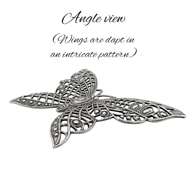 Large Butterfly Filigree with Lacy Wings - Rare - Antiqued Silver Ox - Intricate Detail Dapt Wings - 1 Piece - High Quality European Brass