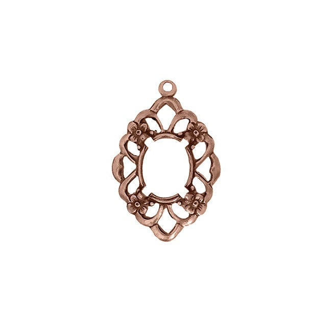 Floral Filigree Settings for 10x8mm Flat Back Stones and Cabochons - Antiqued Copper Ox with Prongs - Nickel Free Made in the USA with Loop