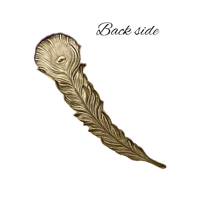 Large Peacock Feather Stamping - Antiqued Brass Ox - Scrapbooking Metal Embellishment or Jewelry Making Base - 1 Piece Right- USA Made