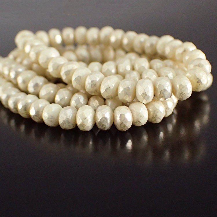 Czech Glass Beads - 5x3mm Ronelles - Opaque Ivory with Mercury Finish
