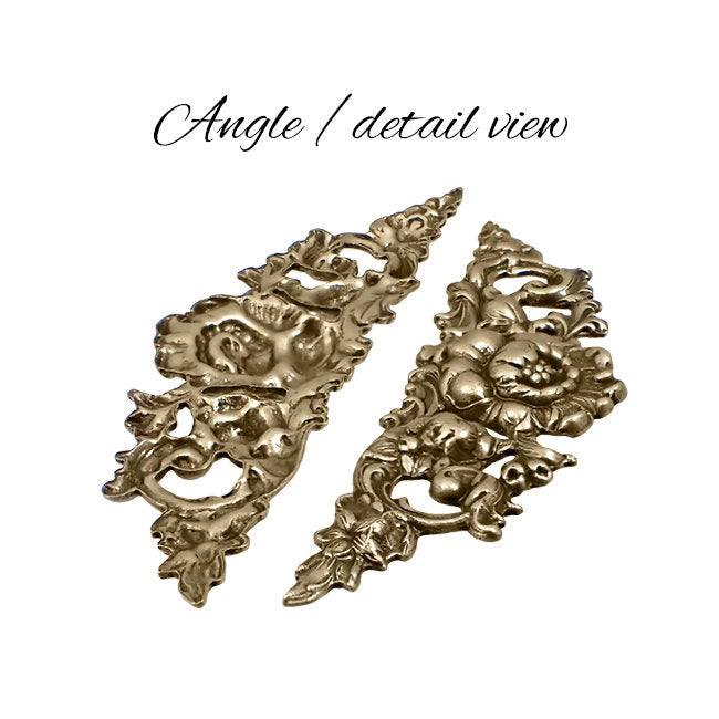 Small Floral Stamping - 2 Pieces - Antiqued Brass Ox - Victorian Art Nouveau Flourish Scrapbooking Metal Embellishment or Jewelry Base