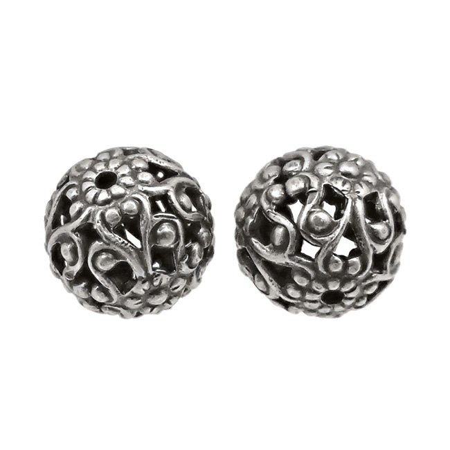 Exquisite Antique Silver Ox Floral Filigree Beads - 10mm - Dainty Detailed Flourish Pattern - 4 Pieces - High Quality Vintage European Brass