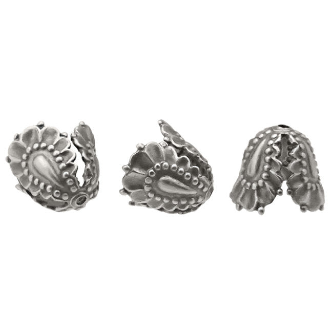 Antiqued Silver Ox Bead Caps with Three Petals - 4 Pieces - Floral End Cap Cone Stampings - Vintage Style Jewelry Making Supplies
