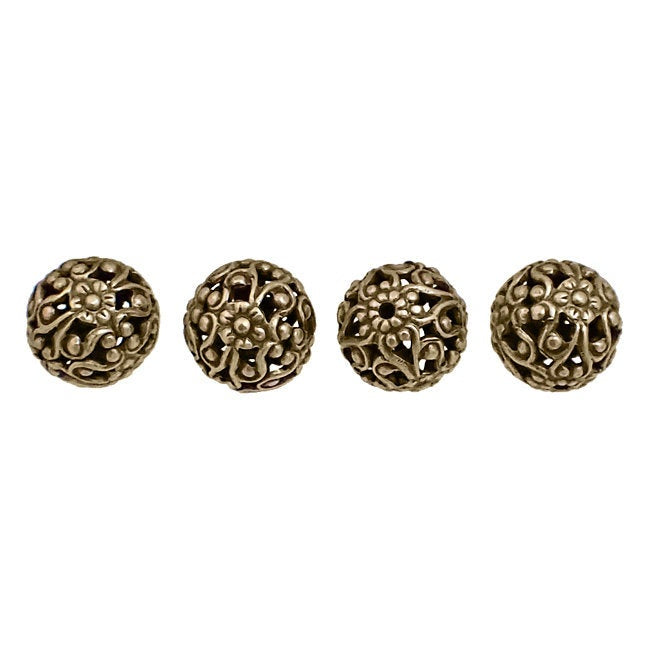Exquisite Antique Brass Floral Filigree Beads - 10mm - Dainty Detailed Flourish Pattern - 4 Pieces - High Quality Vintage European Brass