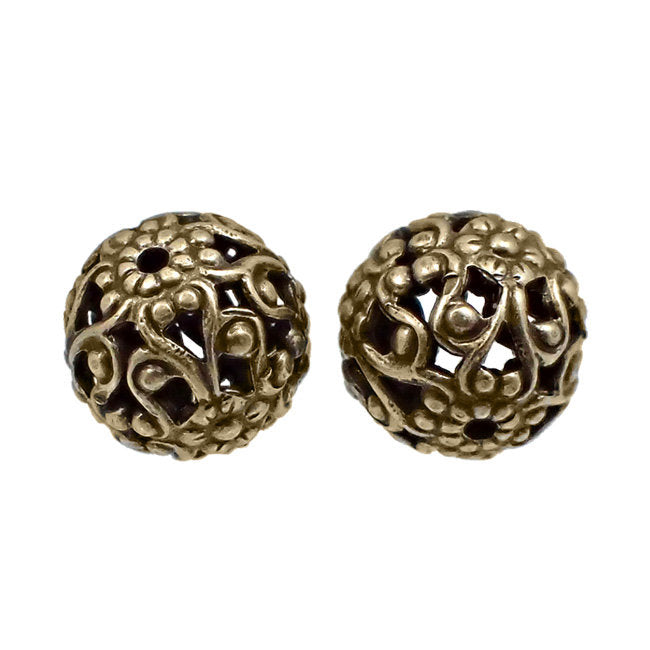 Exquisite Antique Brass Floral Filigree Beads - 10mm - Dainty Detailed Flourish Pattern - 4 Pieces - High Quality Vintage European Brass