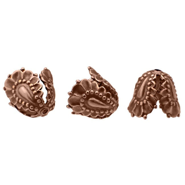 Antiqued Copper Bead Caps with Three Petals - 4 Pieces - Floral End Cap Cone Stampings - Vintage Style Jewelry Making Supplies