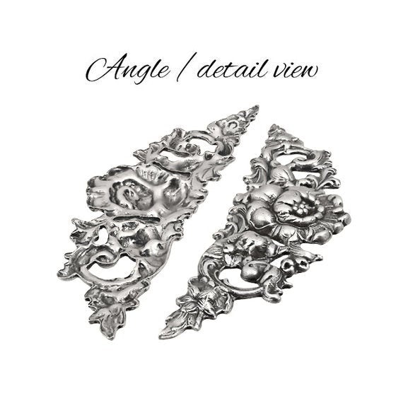 Small Floral Stamping - 2 Pieces - Antiqued Silver Ox - Victorian Art Nouveau Flourish Scrapbooking Metal Embellishment or Jewelry Base