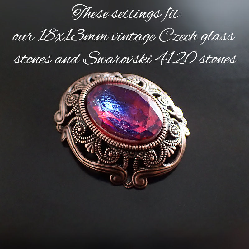Filigree Setting for 18x13mm Oval Stones - 1 Piece European Made Antiqued Copper Ox - For Fully Faceted 4120 Fancy Rhinestones