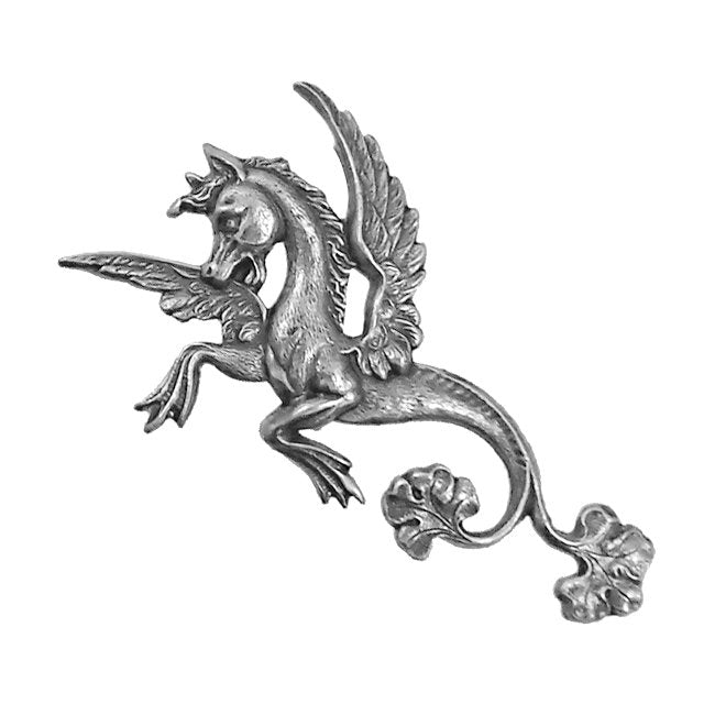 Mythical Winged Seahorse Stamping - Antiqued Silver Ox - Victorian Style Mythological Metal Embellishment Jewelry Component - 1 Piece - Left