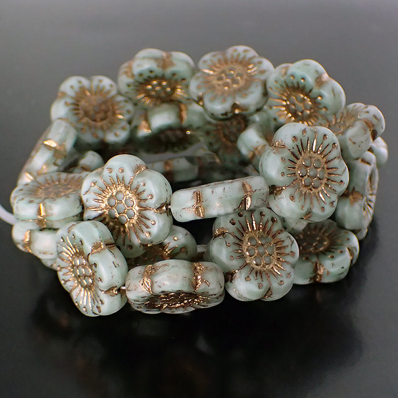 Matte Seafoam Silk Flower Beads with Bronze Wash - Artisan Czech Pressed Glass - Flat Flower Coins Beads - Pale Mint Green 18mm - 2 Pieces