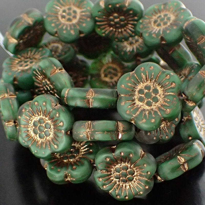 Matte Green Silk Flower Beads with Bronze Wash - Artisan Czech Pressed Glass - Flat Flower Coins Beads - Dark Kelly Green 18mm - 2 Pieces