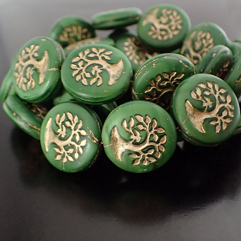 Matte Green Silk Beads with Golden Bronze Wash Artisan Czech Pressed Glass Bonzai Tree of Life Coin Beads - Dark Kelly Green 19mm - 4 Pieces
