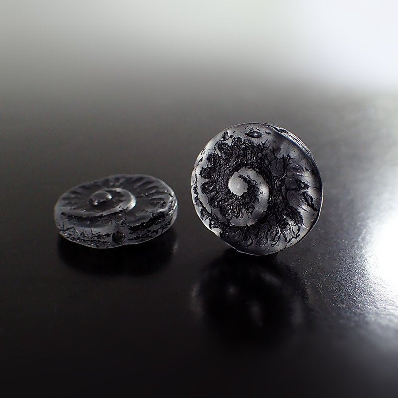 Matte Clear with Black Wash Fossil Beads - 6 Pieces - Artisan Czech Pressed Glass - Spiral Shell Old Gothic Rustic Beads