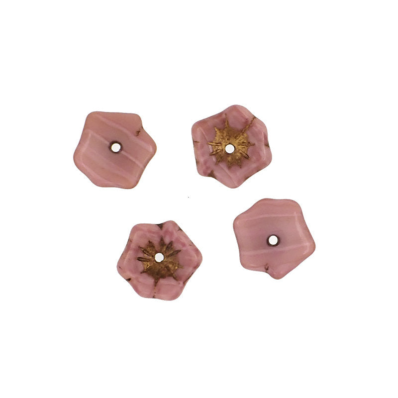 Dusty Pink Silk with Bronze Wash Flat Flower Beads - 2 Pieces - Artisan Czech Pressed Glass - Large 22mm Light Rose Glass Flowers