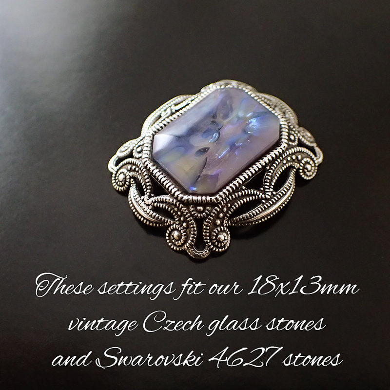 Filigree Setting for 18x13mm Octagon Stones - 1 Piece European Made Antiqued Silver Ox - For Fully Faceted Swarovski Fancy Rhinestones