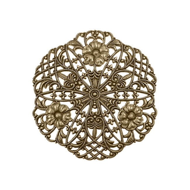Large Lacy Round Filigree with Floral Designs, Lattice, and Flourishes - High Quality European Brass - Rare - Antiqued Brass Ox - 1 Piece