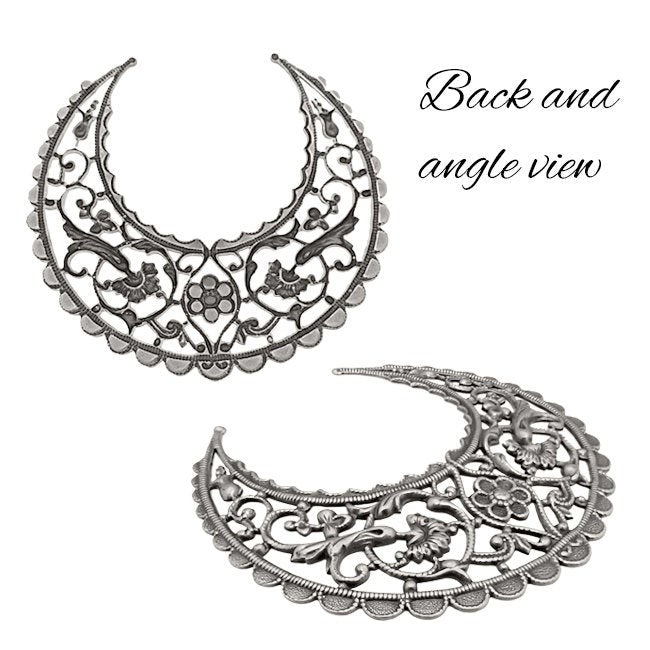 Large Lacy Floral Hoop Filigree - Antiqued Silver Ox - Intricate Flourish Crescent - Nickel Free - 1 Piece - High Quality European Brass
