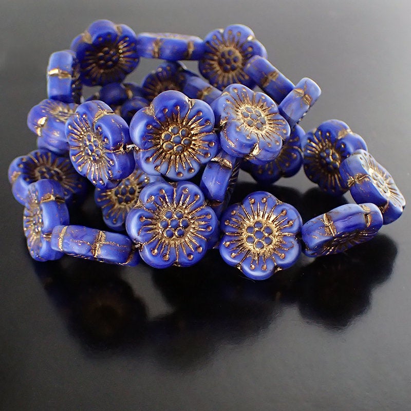 Matte Dark Blue Silk Flower Beads with Bronze Wash - Artisan Czech Pressed Glass - Pressed Flat Flower Coins Beads - 18mm - 2 Pieces