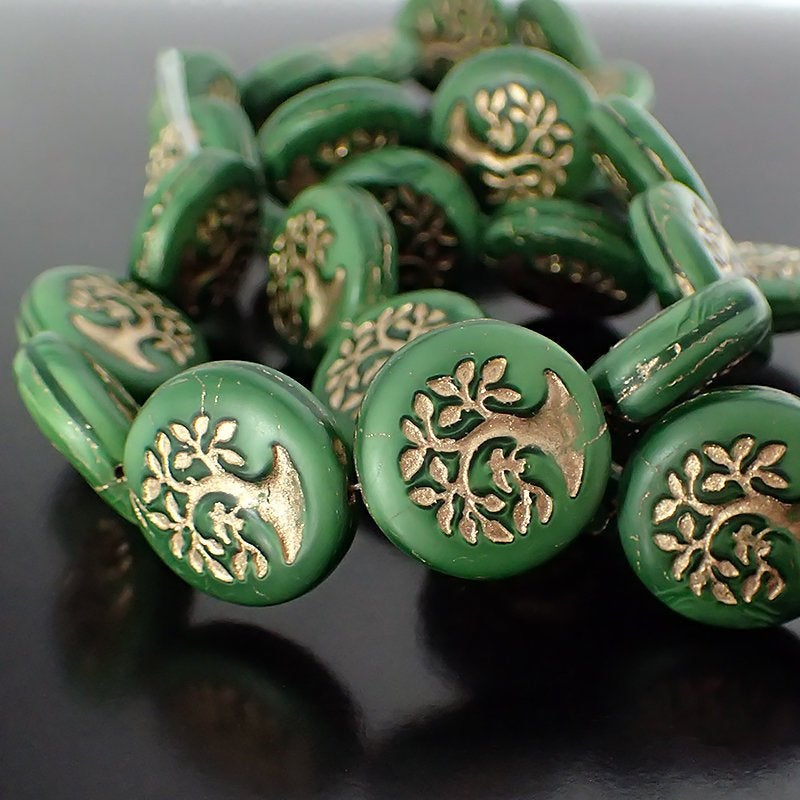Matte Green Silk Beads with Golden Bronze Wash Artisan Czech Pressed Glass Bonzai Tree of Life Coin Beads - Dark Kelly Green 19mm - 4 Pieces