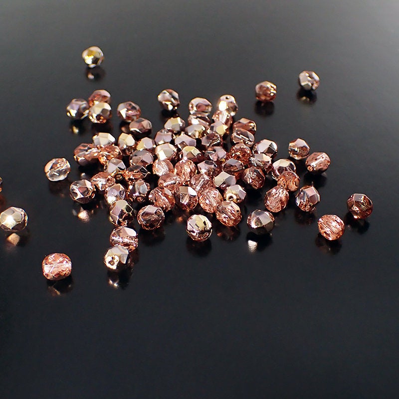 Rosaline Pink Capri Gold - Czech Fire Polished Glass Beads - 6mm Beads 50 Pieces