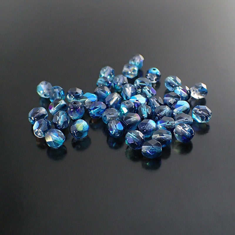 Iridescent Metallic Peacock Blue Czech Fire Polished Glass Beads - 6mm Beads 50 Pieces