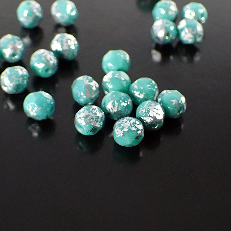 Opaque Turquoise Silver Rain Metallic Czech Fire Polished Glass Beads - 6mm Beads 50 Pieces