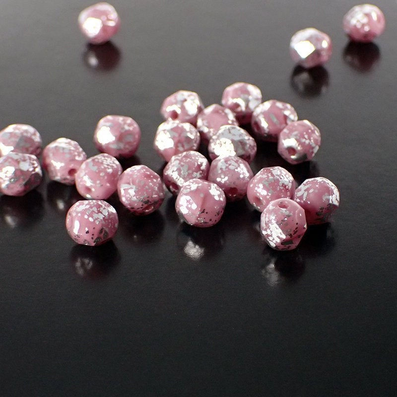 Opaque Rose Coral Pink Silver Rain Metallic Czech Fire Polished Glass Beads - 6mm Beads 50 Pieces