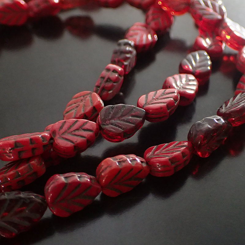 Red Mix Leaf Beads with Black Wash - Artisan Czech Pressed Glass - Pressed Nature Beads - 10x8mm 10mm Assorted Colors - 15 Pieces