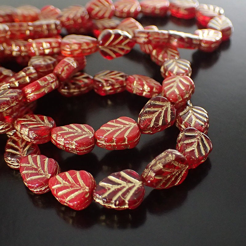 Red Mix Leaf Beads with Metallic Gold Wash - Artisan Czech Pressed Glass - Pressed Nature Beads - 10x8mm 10mm Assorted Colors - 15 Pieces