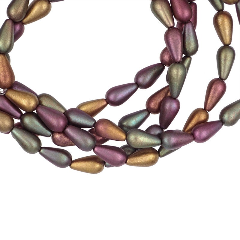 Matte Autumn Metallic Iris Smooth Pear Teardrop Beads Czech Pressed Glass Beads - 15 x 8 mm Drop Beads - 12 Pieces
