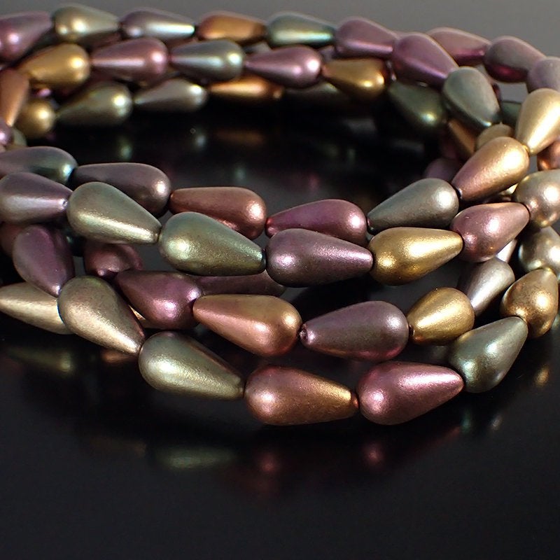 Matte Autumn Metallic Iris Smooth Pear Teardrop Beads Czech Pressed Glass Beads - 15 x 8 mm Drop Beads - 12 Pieces