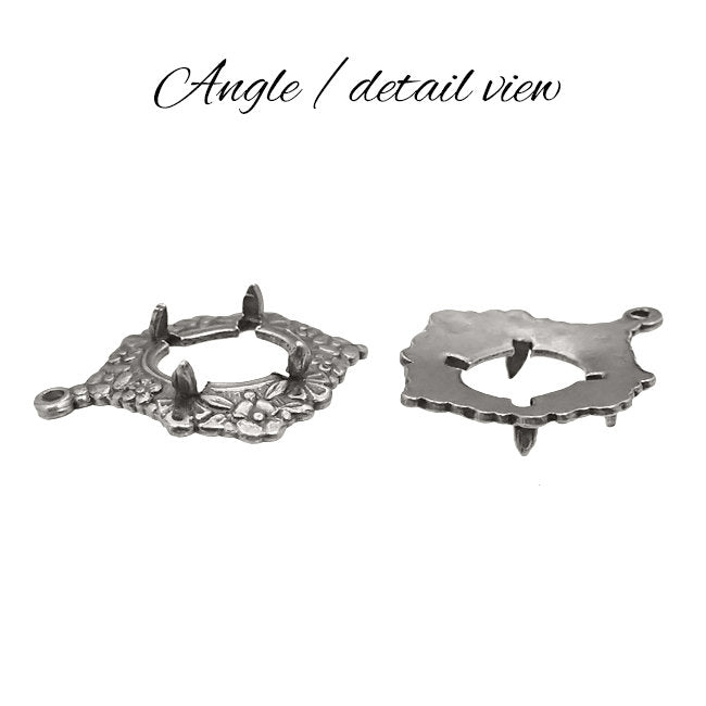 Floral Pronged Settings for 10x8mm Flat Back Stones and Cabochons - Antiqued Silver Ox with Prongs and Loop - Nickel Free - 2 Pieces