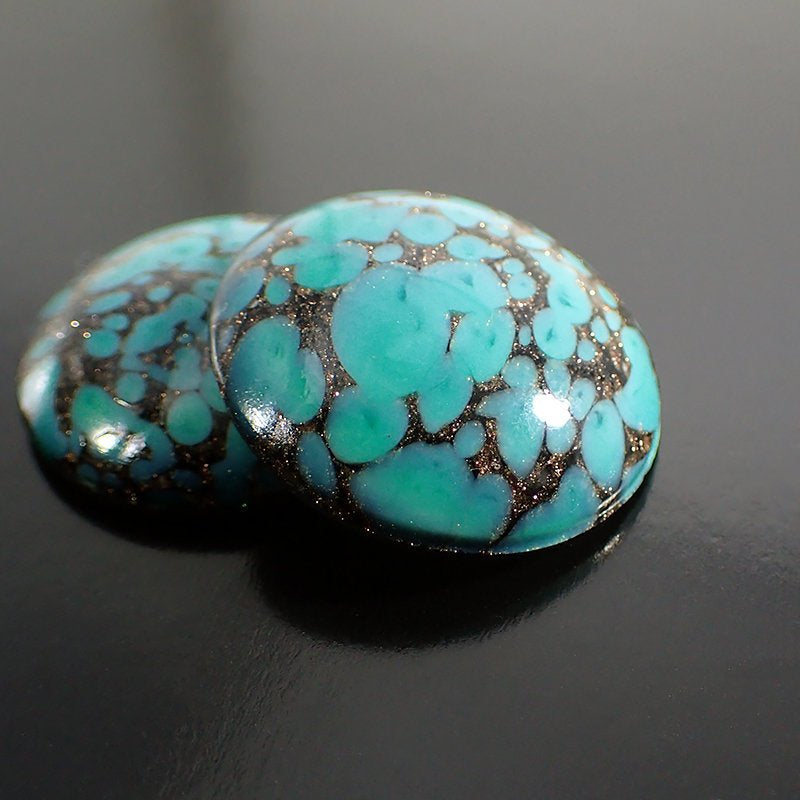 Turquoise and Black Goldstone Handmade Czech Glass Cabochons - Teal Blue Green with Metallic Specks - 25mm Round Flat Back - 1 Piece