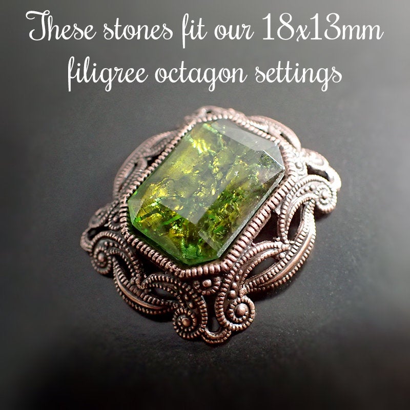 Olivine Czech Glass Faux Opal with Silver and Copper Foil - Handmade Octagon Faceted Stones - 1 Piece - 18x13mm - Green Doublet Fancy Stone