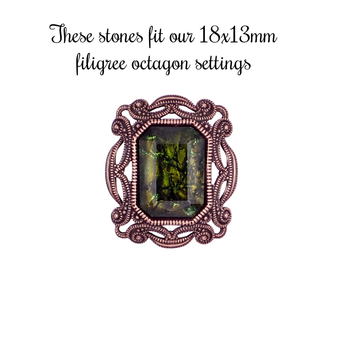 Olivine Czech Glass Faux Opal with Silver and Copper Foil - Handmade Octagon Faceted Stones - 1 Piece - 18x13mm - Green Doublet Fancy Stone